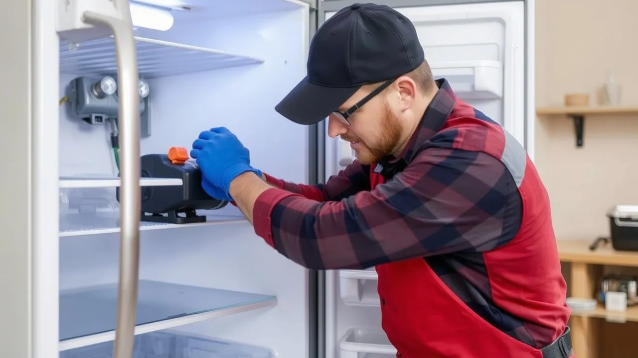 Technician fixing refrigerator interior.