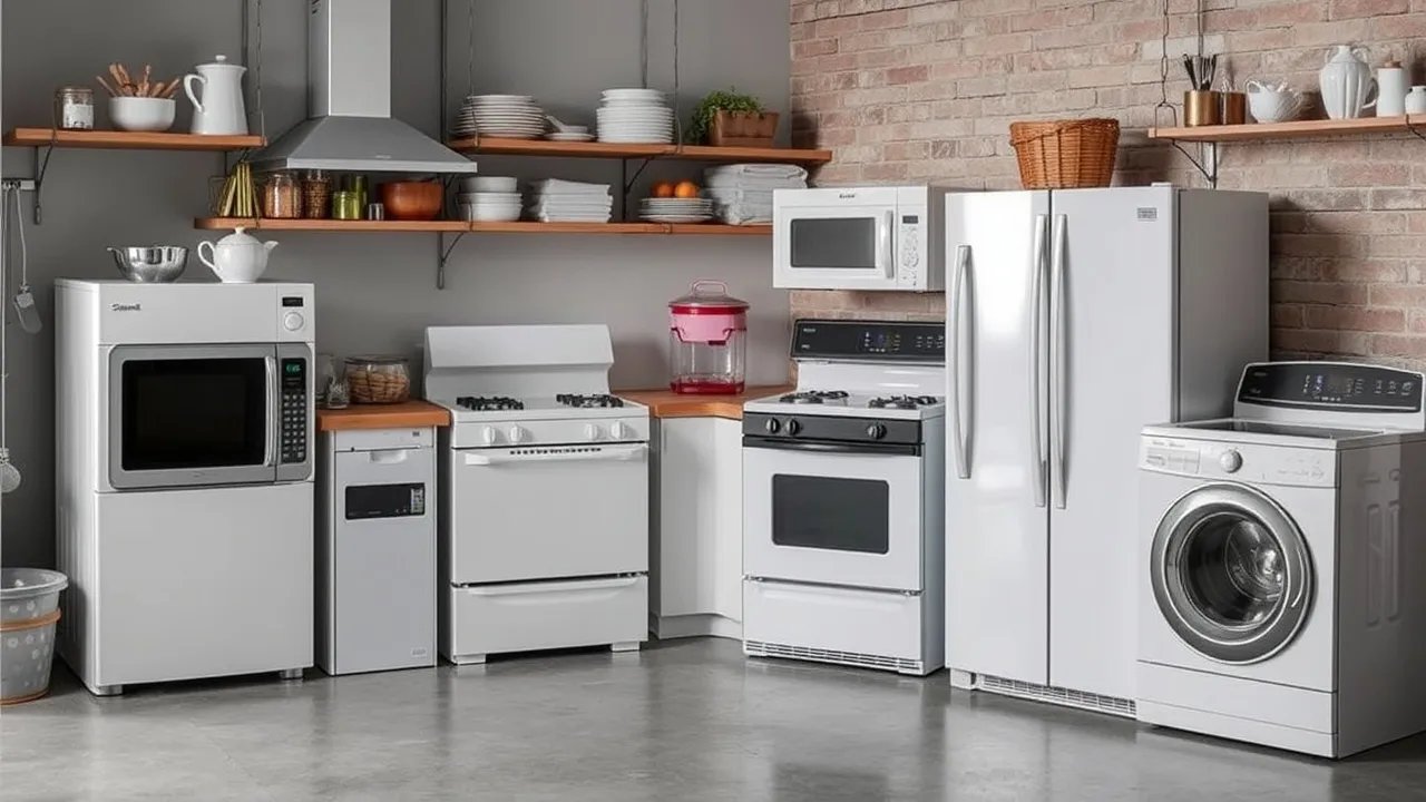 Reviva su hogar con servicios expertos en reparación de electrodomésticos White kitchen appliances lined up.