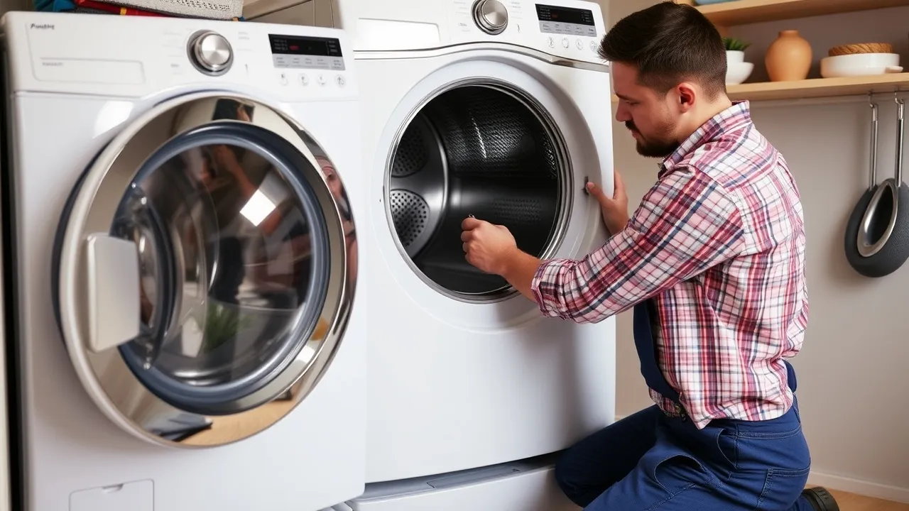Appliance repairman fixing dryer door