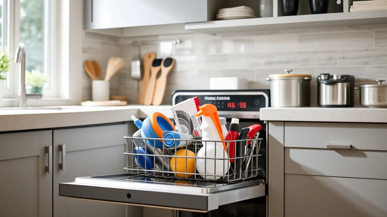 Expert Bosch Dishwasher Repair: Troubleshooting and Maintenance Tips Dishwasher rack with cleaning supplies
