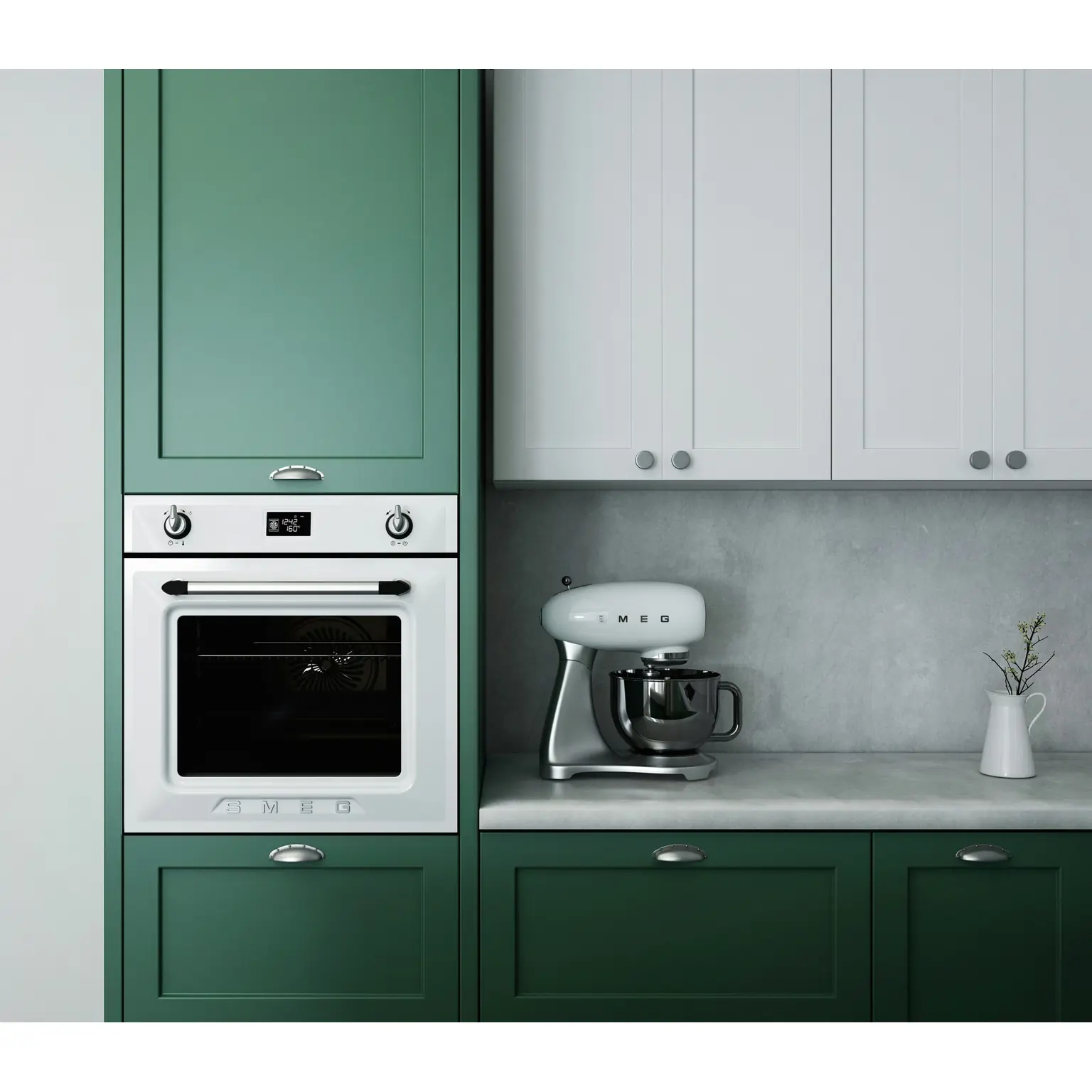 Green kitchen with stand mixer.