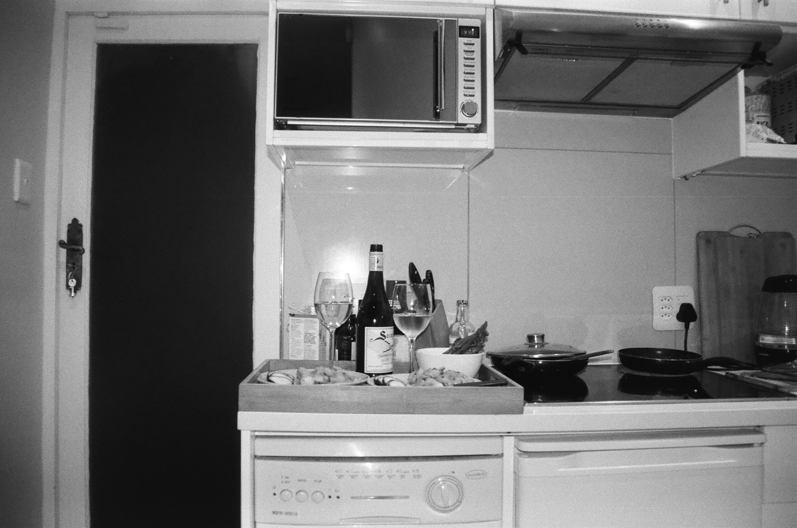 Kitchen counter with wine glasses