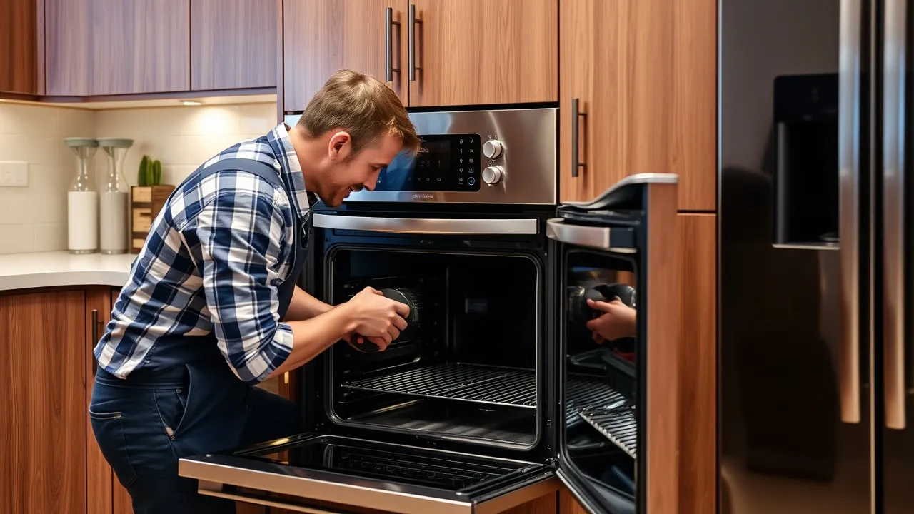Man cleaning oven interior
