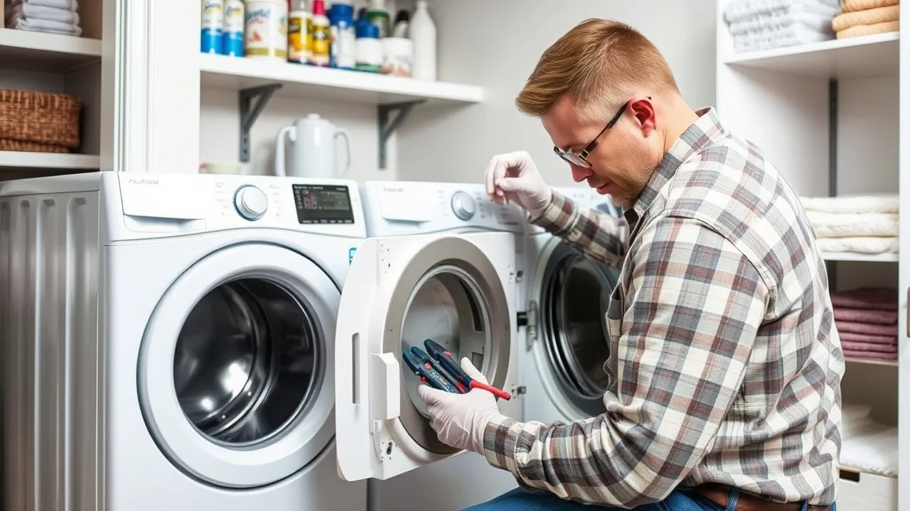 Man repairing washing machine appliances.