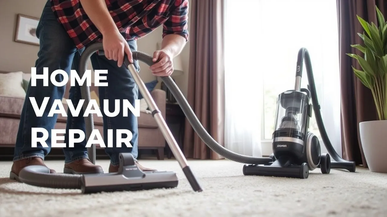 Man vacuuming carpet with text.