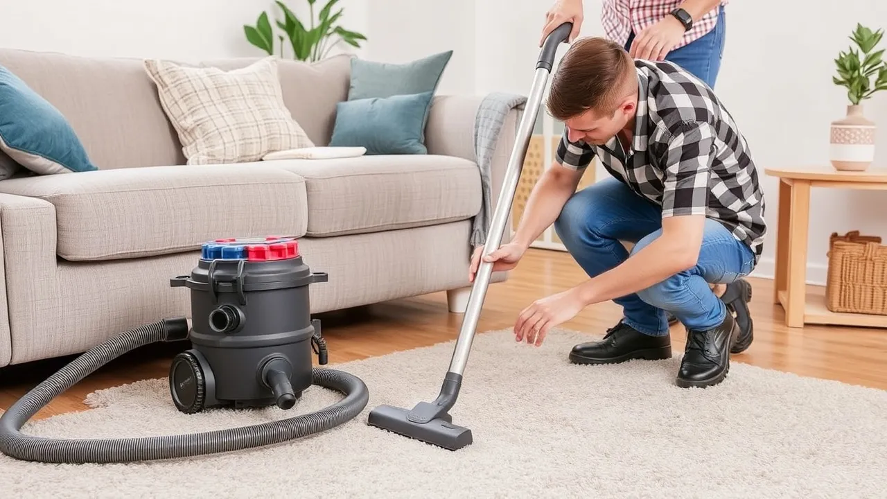 Man vacuums carpet near sofa
