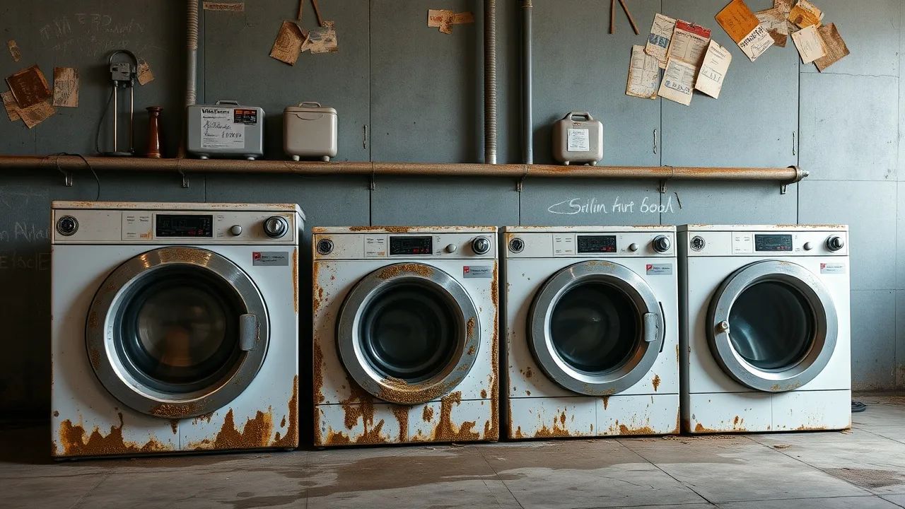 Row of four rusted washing machines