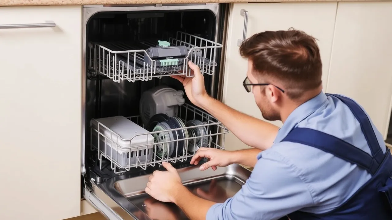 Technician loading dishwasher rack.