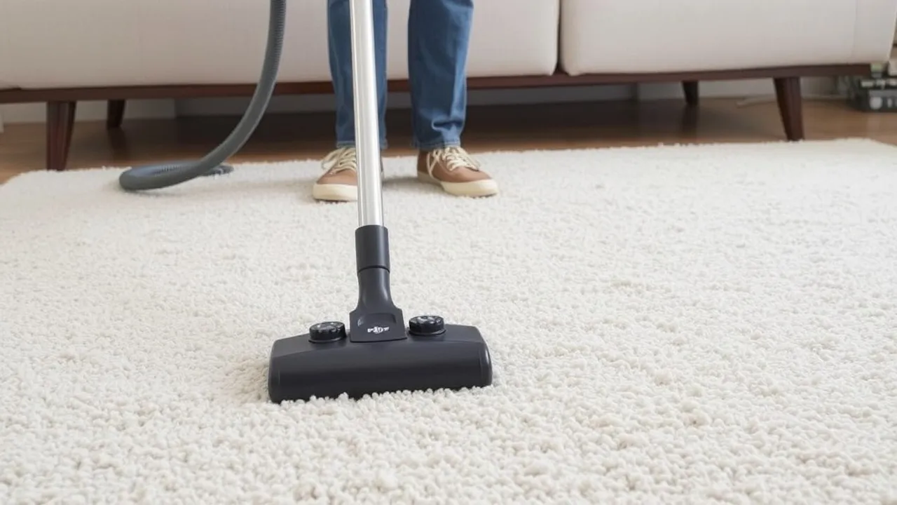 Vacuuming a fluffy white carpet