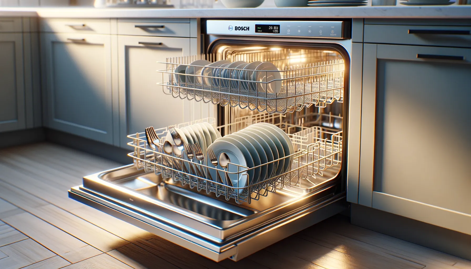 Clean dishwasher with plates and cutlery