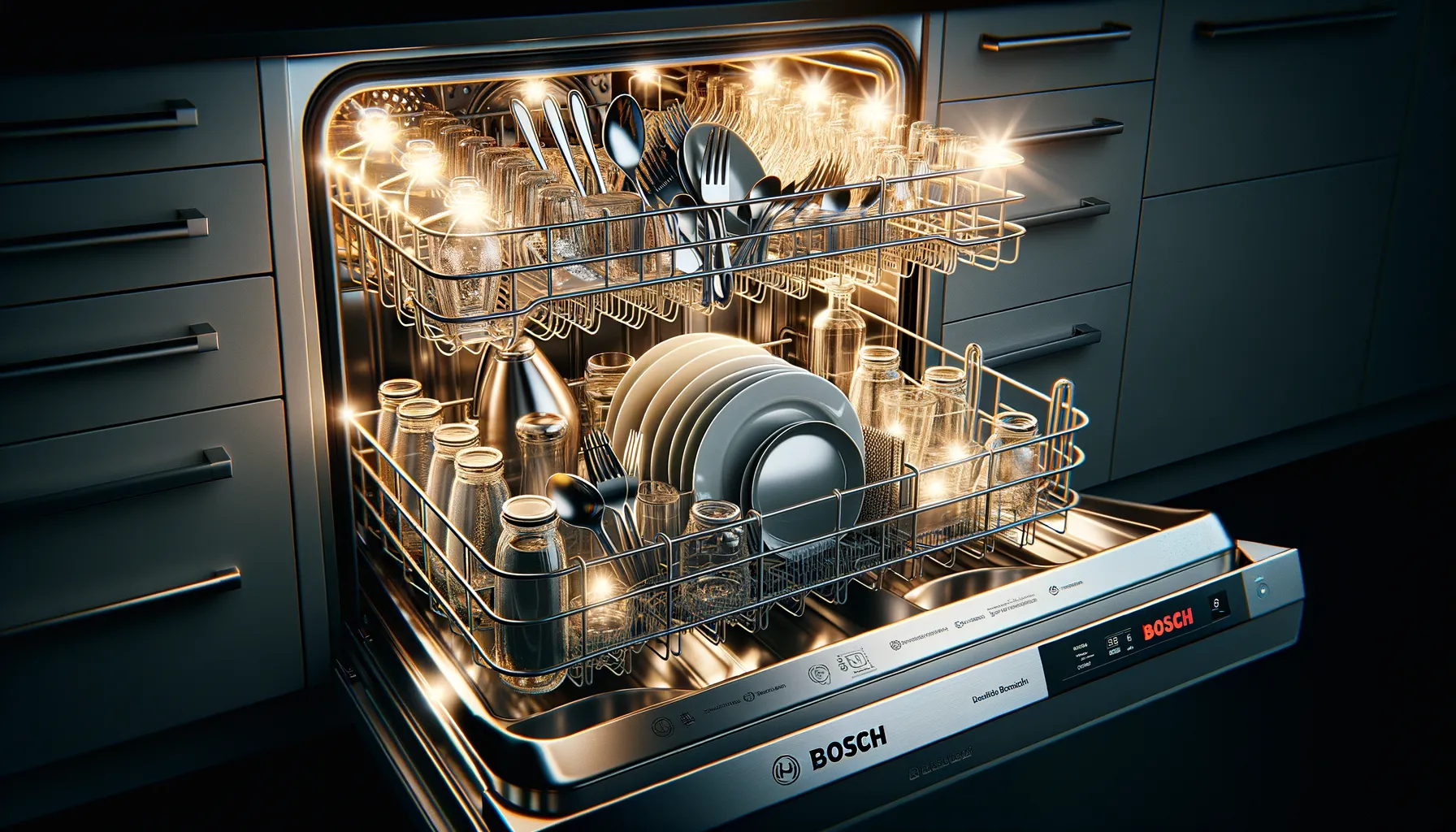 Open dishwasher with clean dishes