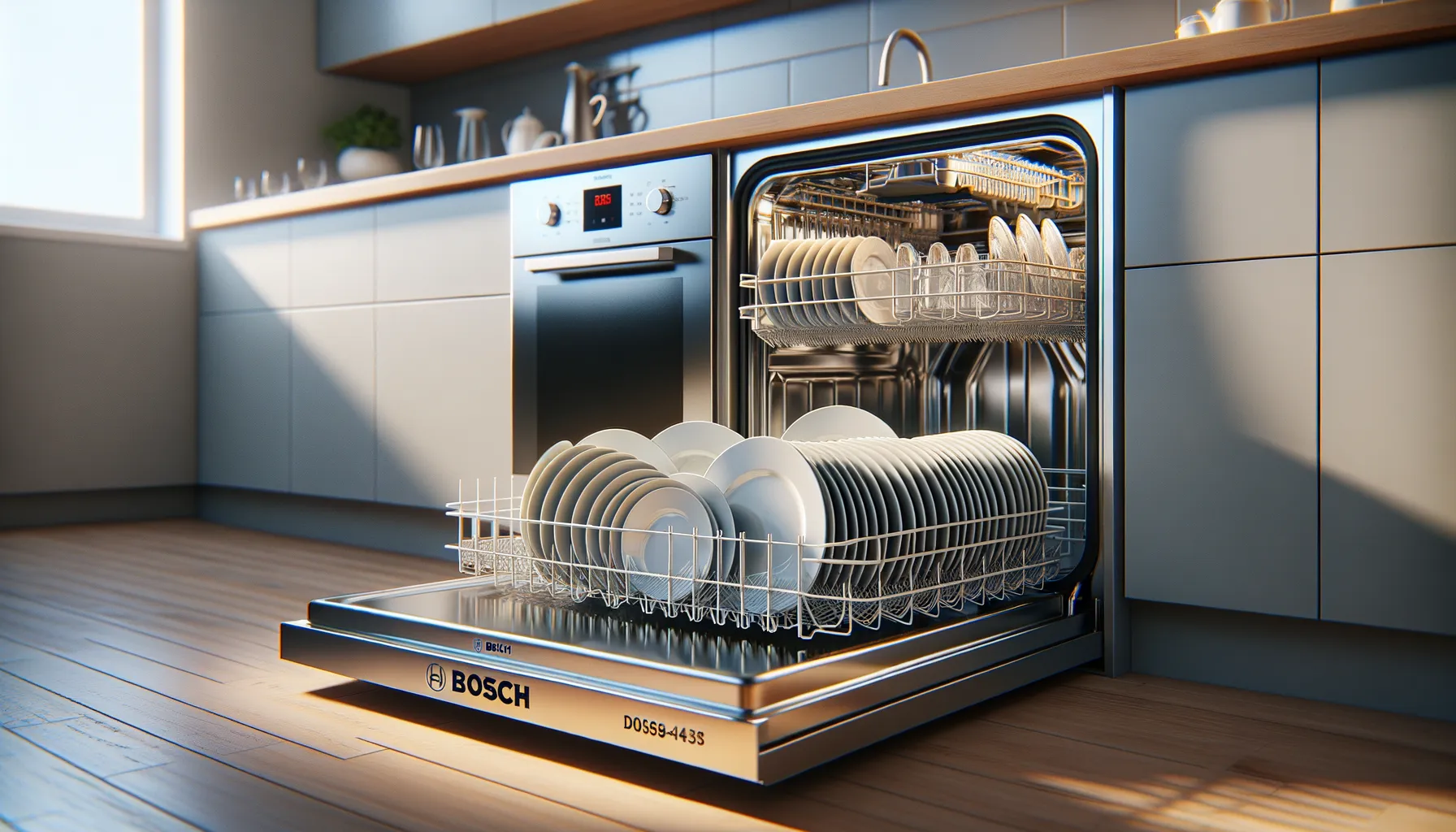 Open dishwasher with clean dishes